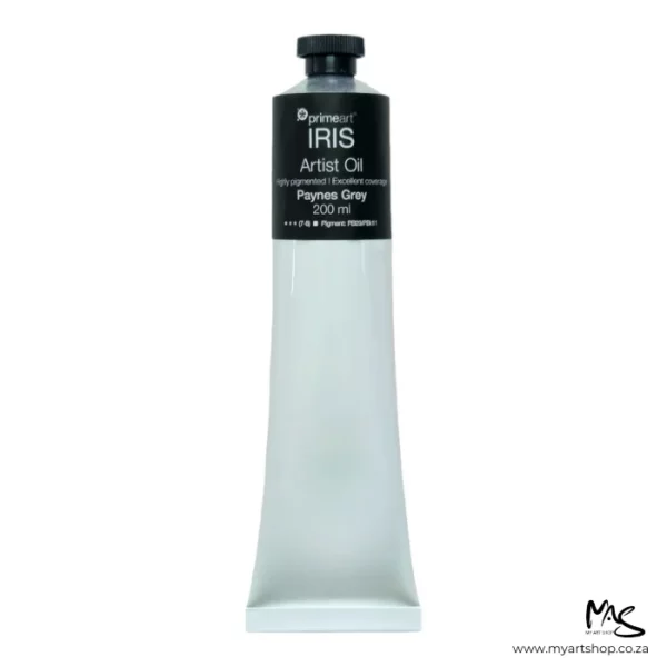 A tube of Paynes Grey Iris Oil Paint 200ml is seen standing vertically in the center of the frame. The tube is white and has a band of colour around the top of the tube that indicates the colour of the paint. The tube has a black plastic screw top. On a white background.