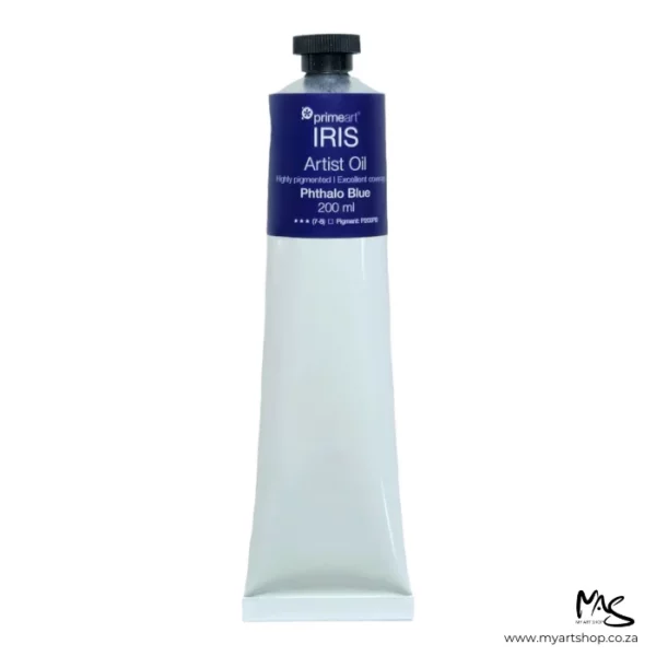 A tube of Phthalo Blue Iris Oil Paint 200ml is seen standing vertically in the center of the frame. The tube is white and has a band of colour around the top of the tube that indicates the colour of the paint. The tube has a black plastic screw top. On a white background.