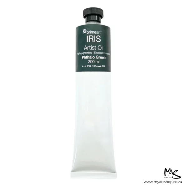 A tube of Phthalo Green Iris Oil Paint 200ml is seen standing vertically in the center of the frame. The tube is white and has a band of colour around the top of the tube that indicates the colour of the paint. The tube has a black plastic screw top. On a white background.