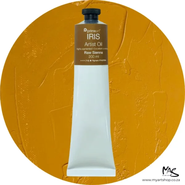 A tube of Raw Sienna Iris Oil Paint 200ml is seen standing vertically in the center of the frame. The tube is white and has a band of colour around the top of the tube that indicates the colour of the paint. The tube has a black plastic screw top. There is a circle in the center of the frame in the background, behind the tube of paint which has the paint swatch in it. On a white background.