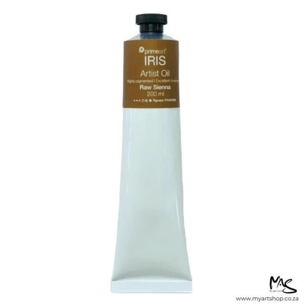 A tube of Raw Sienna Iris Oil Paint 200ml is seen standing vertically in the center of the frame. The tube is white and has a band of colour around the top of the tube that indicates the colour of the paint. The tube has a black plastic screw top. On a white background.