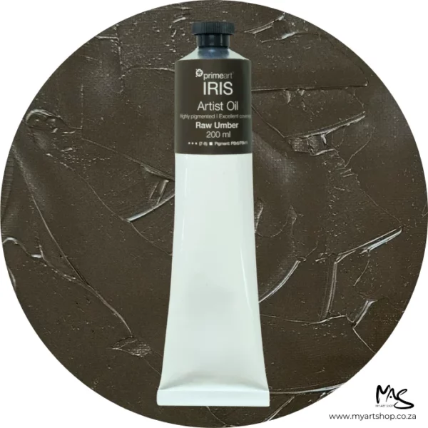 A tube of Raw Umber Iris Oil Paint 200ml is seen standing vertically in the center of the frame. The tube is white and has a band of colour around the top of the tube that indicates the colour of the paint. The tube has a black plastic screw top. There is a circle in the center of the frame in the background, behind the tube of paint which has the paint swatch in it. On a white background.
