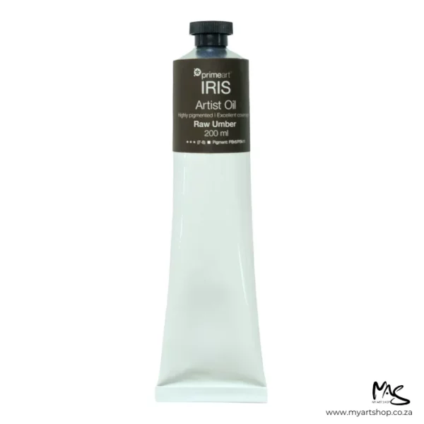 A tube of Raw Umber Iris Oil Paint 200ml is seen standing vertically in the center of the frame. The tube is white and has a band of colour around the top of the tube that indicates the colour of the paint. The tube has a black plastic screw top. On a white background.