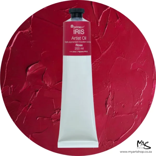 A tube of Rose Iris Oil Paint 200ml is seen standing vertically in the center of the frame. The tube is white and has a band of colour around the top of the tube that indicates the colour of the paint. The tube has a black plastic screw top. There is a circle in the center of the frame in the background, behind the tube of paint which has the paint swatch in it. On a white background.