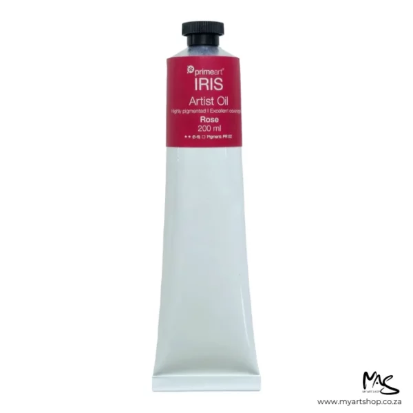 A tube of Rose Iris Oil Paint 200ml is seen standing vertically in the center of the frame. The tube is white and has a band of colour around the top of the tube that indicates the colour of the paint. The tube has a black plastic screw top. On a white background.