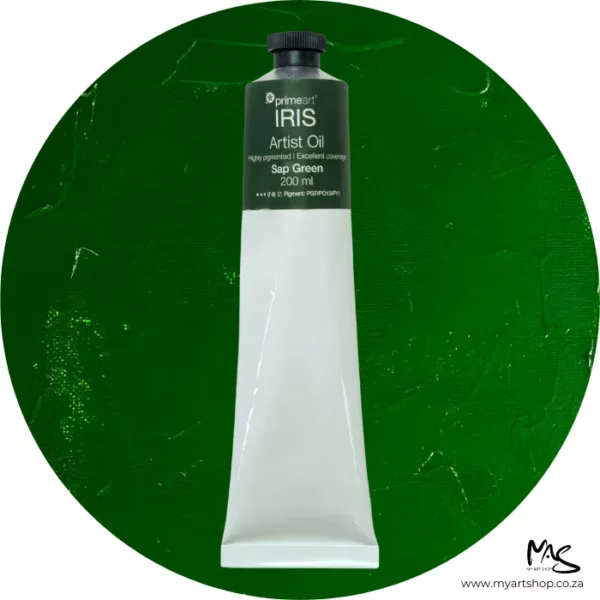A tube of Sap Green Iris Oil Paint 200ml is seen standing vertically in the center of the frame. The tube is white and has a band of colour around the top of the tube that indicates the colour of the paint. The tube has a black plastic screw top. There is a circle in the center of the frame in the background, behind the tube of paint which has the paint swatch in it. On a white background.