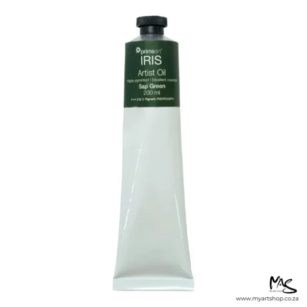 A tube of Sap Green Iris Oil Paint 200ml is seen standing vertically in the center of the frame. The tube is white and has a band of colour around the top of the tube that indicates the colour of the paint. The tube has a black plastic screw top. On a white background.