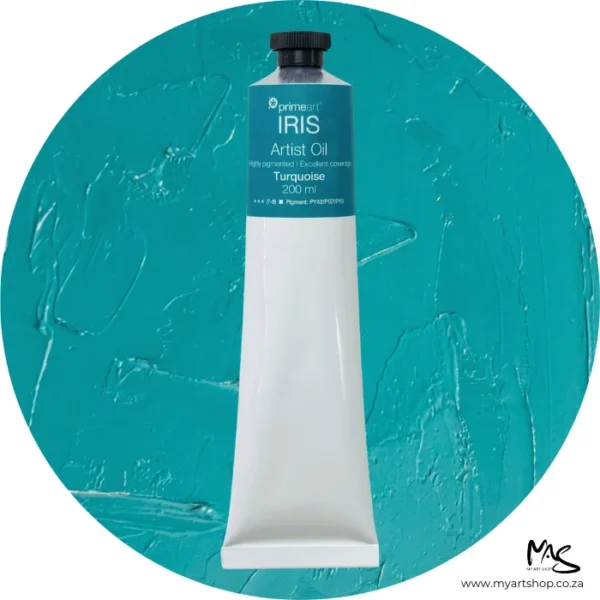 A tube of Turquoise Iris Oil Paint 200ml is seen standing vertically in the center of the frame. The tube is white and has a band of colour around the top of the tube that indicates the colour of the paint. The tube has a black plastic screw top. There is a circle in the center of the frame in the background, behind the tube of paint which has the paint swatch in it. On a white background.