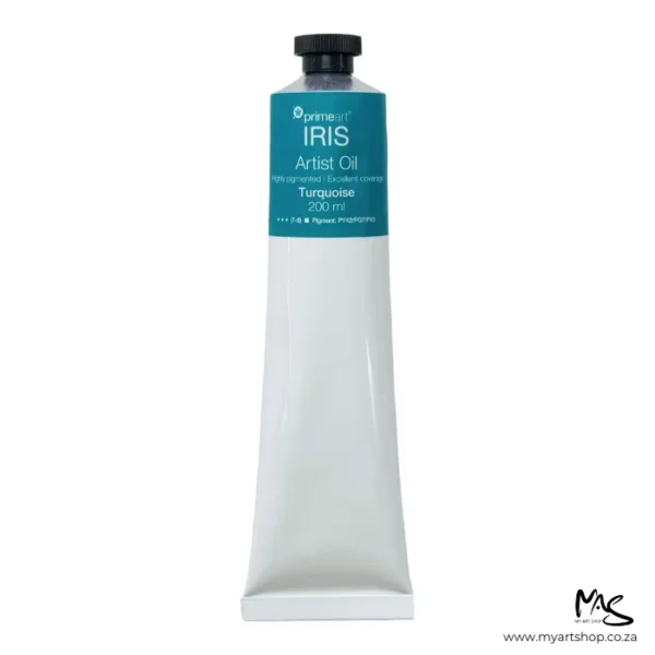 A tube of Turquoise Iris Oil Paint 200ml is seen standing vertically in the center of the frame. The tube is white and has a band of colour around the top of the tube that indicates the colour of the paint. The tube has a black plastic screw top. On a white background.