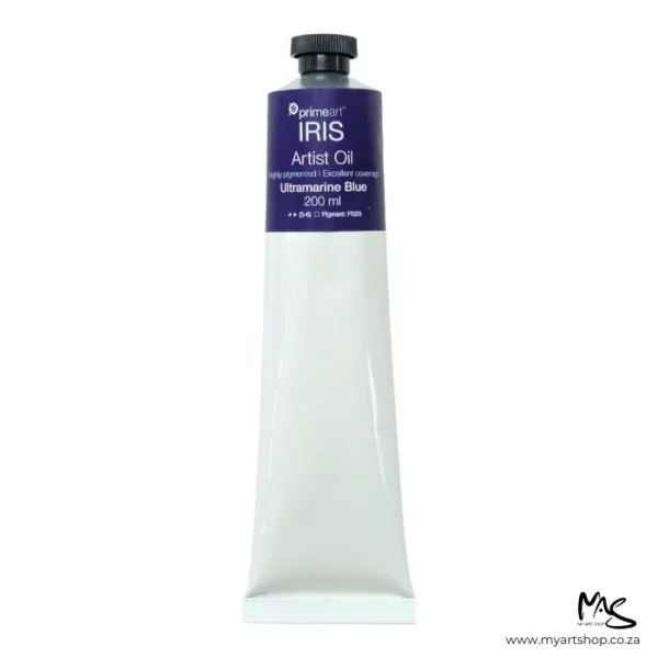 A tube of Ultramarine Blue Iris Oil Paint 200ml is seen standing vertically in the center of the frame. The tube is white and has a band of colour around the top of the tube that indicates the colour of the paint. The tube has a black plastic screw top. On a white background.