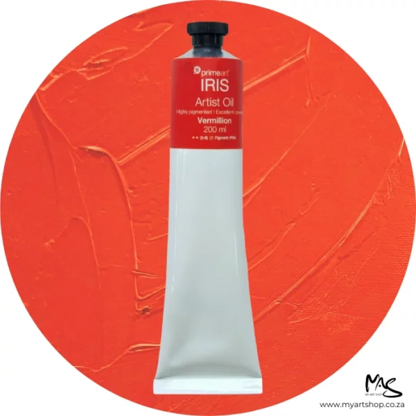 A tube of Vermillion Iris Oil Paint 200ml is seen standing vertically in the center of the frame. The tube is white and has a band of colour around the top of the tube that indicates the colour of the paint. The tube has a black plastic screw top. There is a circle in the center of the frame in the background, behind the tube of paint which has the paint swatch in it. On a white background.