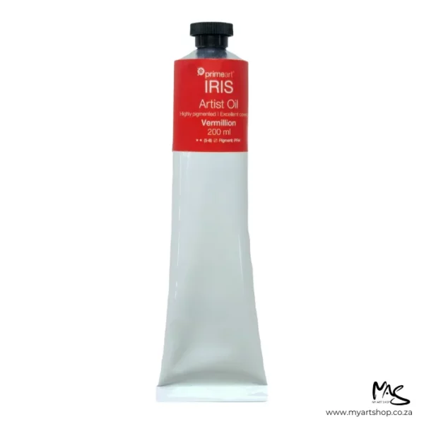 A tube of Vermillion Iris Oil Paint 200ml is seen standing vertically in the center of the frame. The tube is white and has a band of colour around the top of the tube that indicates the colour of the paint. The tube has a black plastic screw top. On a white background.