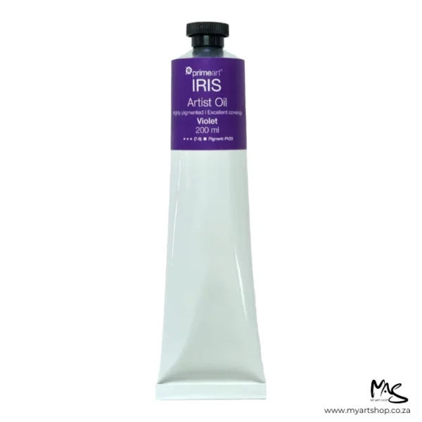 A tube of Violet Iris Oil Paint 200ml is seen standing vertically in the center of the frame. The tube is white and has a band of colour around the top of the tube that indicates the colour of the paint. The tube has a black plastic screw top. On a white background.