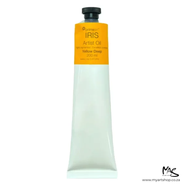 A tube of Yellow Deep Iris Oil Paint 200ml is seen standing vertically in the center of the frame. The tube is white and has a band of colour around the top of the tube that indicates the colour of the paint. The tube has a black plastic screw top. On a white background.