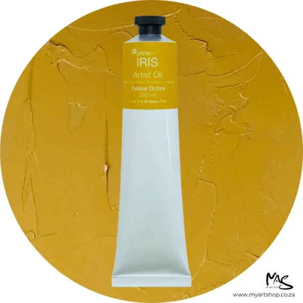 A tube of Yellow Ochre Iris Oil Paint 200ml is seen standing vertically in the center of the frame. The tube is white and has a band of colour around the top of the tube that indicates the colour of the paint. The tube has a black plastic screw top. There is a circle in the center of the frame in the background, behind the tube of paint which has the paint swatch in it. On a white background.
