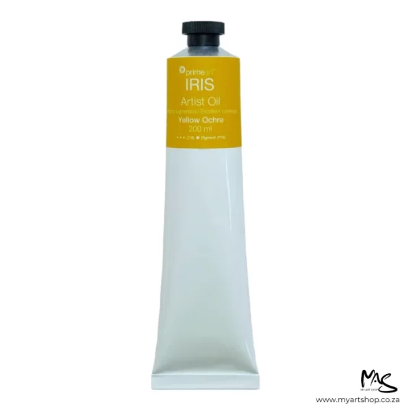 A tube of Yellow Ochre Iris Oil Paint 200ml is seen standing vertically in the center of the frame. The tube is white and has a band of colour around the top of the tube that indicates the colour of the paint. The tube has a black plastic screw top. On a white background.