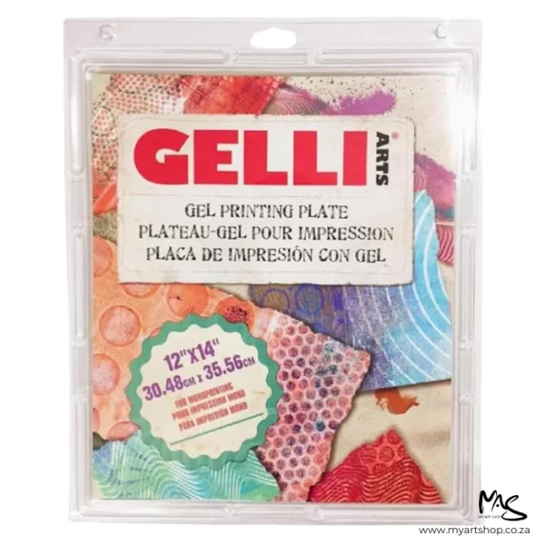 A 12" x 14" Gelli Arts Printing Plate can be seen in the center of the frame standing vertically with a front view of the packaging. The plate is encased in a clear plastic hang tab case with a printed piece of paper in the front of the packaging that has the Gelli Arts logo and text with the size of the plate on the front. The image is on a white background.