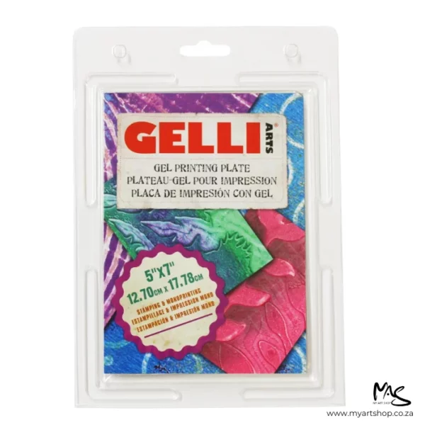 A 5" x 7" Gelli Arts Printing Plate can be seen in the center of the frame standing vertically with a front view of the packaging. The plate is encased in a clear plastic hang tab case with a printed piece of paper in the front of the packaging that has the Gelli Arts logo and text with the size of the plate on the front. The image is on a white background.