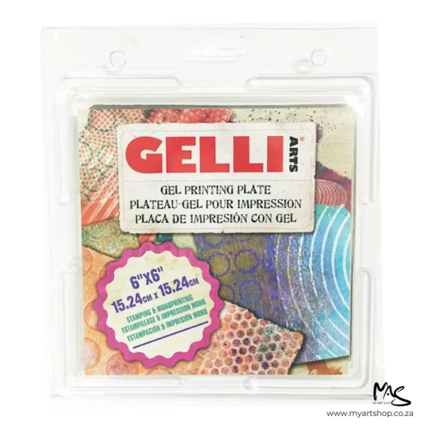 A 6" x 6" Gelli Arts Printing Plate can be seen in the center of the frame standing vertically with a front view of the packaging. The plate is encased in a clear plastic hang tab case with a printed piece of paper in the front of the packaging that has the Gelli Arts logo and text with the size of the plate on the front. The image is on a white background.