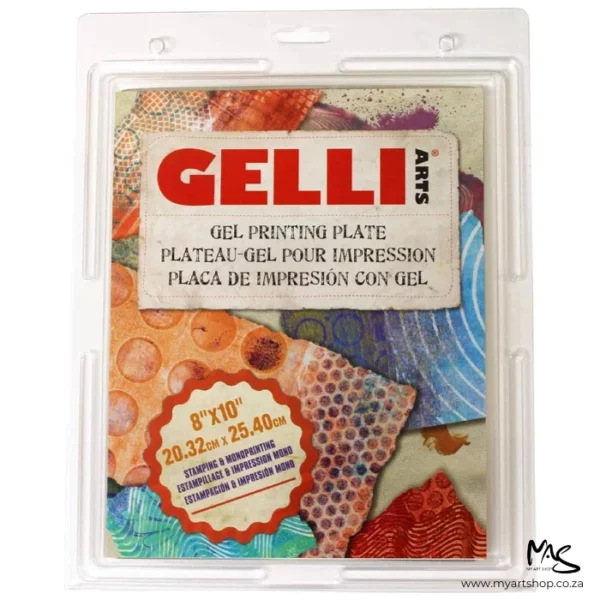 A 8" x 10" Gelli Arts Printing Plate can be seen in the center of the frame standing vertically with a front view of the packaging. The plate is encased in a clear plastic hang tab case with a printed piece of paper in the front of the packaging that has the Gelli Arts logo and text with the size of the plate on the front. The image is on a white background.