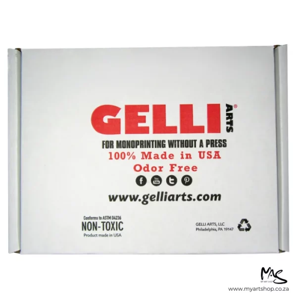 A box of 8" x 10" Gelli Arts Printing Plates is shown sitting in the center of the frame. The box is white with the Gelli Art logo printed in red and a description of what is inside the box. The image is on a white background.