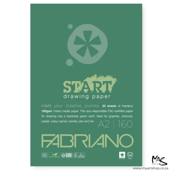 A single A2 Fabriano Start Drawing Pad is shown vertically in the center of the frame. The view is of the front of the pad. The cover is green and there is the Prime Art Logo at the top of the pad, with text below, describing the paper values. The image is center of the frame and on a white background.