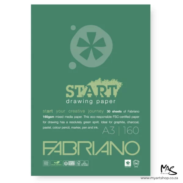 A single A3 Fabriano Start Drawing Pad is shown vertically in the center of the frame. The view is of the front of the pad. The cover is green and there is the Prime Art Logo at the top of the pad, with text below, describing the paper values. The image is center of the frame and on a white background.