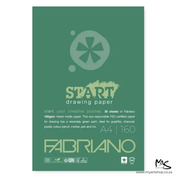 A single A4 Fabriano Start Drawing Pad is shown vertically in the center of the frame. The view is of the front of the pad. The cover is green and there is the Prime Art Logo at the top of the pad, with text below, describing the paper values. The image is center of the frame and on a white background.