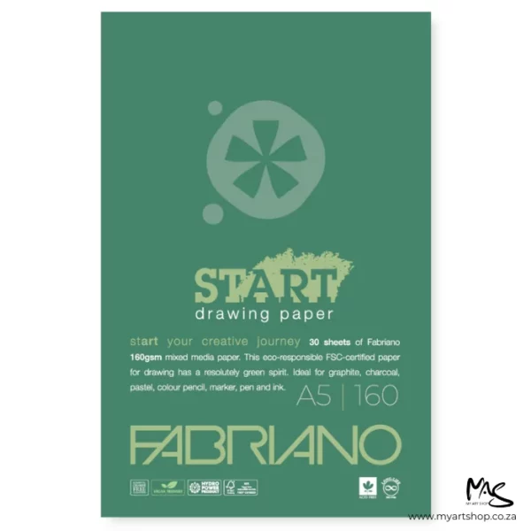 A single A5 Fabriano Start Drawing Pad is shown vertically in the center of the frame. The view is of the front of the pad. The cover is green and there is the Prime Art Logo at the top of the pad, with text below, describing the paper values. The image is center of the frame and on a white background.