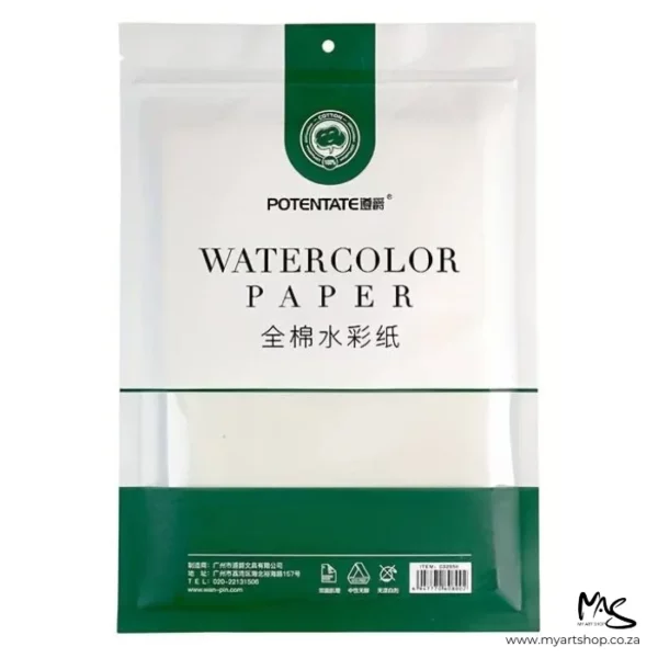 There is a single pack of Large Cold Press Potentate Watercolour Paper in the center of the frame. The view is 'front on', of the front of the packaging. The paper is inside the plastic packet. The packet is printed with a band of green along the base of the packet and the rest of the packet is white. There is text on the packet describing the contents of the bag. The image is center of the frame and on a white background.