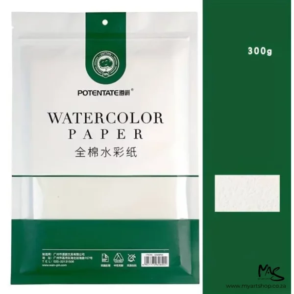There is a pack of Cold Press Potentate Watercolour Paper shown from a 'front on' view, along the left hand side of the frame. The paper is inside the plastic packet. The packet is printed with a band of green along the base of the packet and the rest of the packet is white. There is text on the packet describing the contents of the bag. There is a green vertical strip down the right hand side of the frame with a white block towards the bottom that shows the texture of the paper. On a white background.