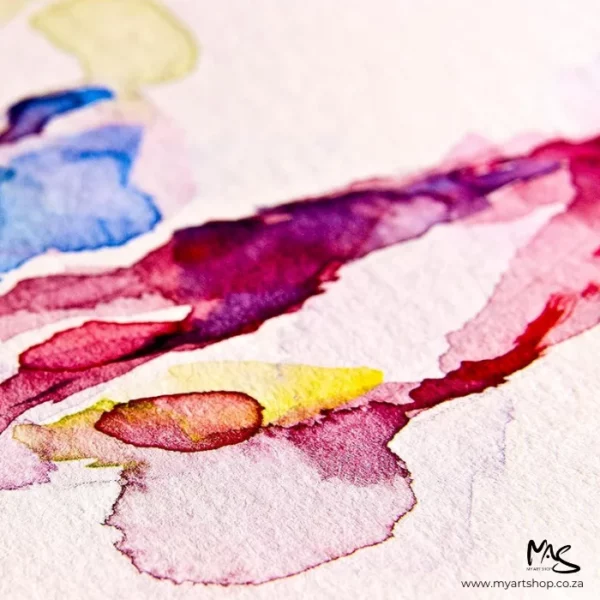 A close up of an abstract watercolour that has been painted onto a sheet of paper from the Fabriano Mixed Media Pad. The image is cut off by the frame.