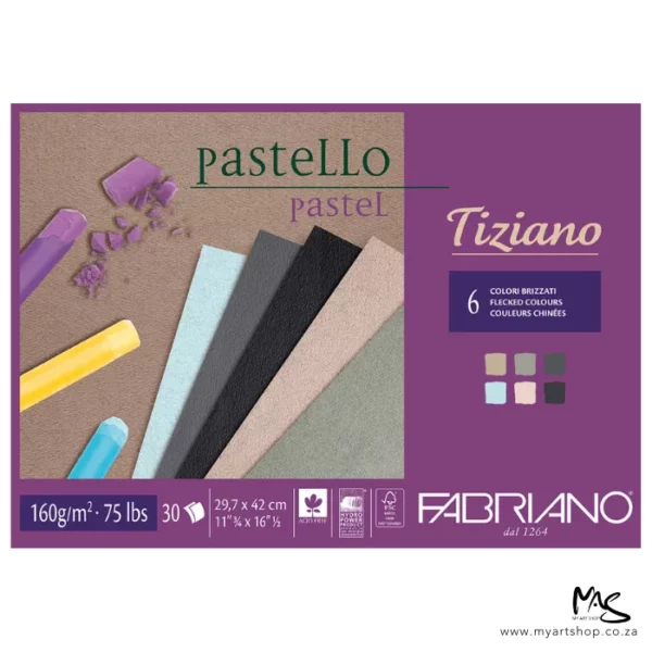 A single landscape Flecked Colours Fabriano Tiziano Pastel Paper Pad is shown in the center of the frame. The pad is purple and there is a large square on the left hand side with an image of a few sheets of paper and a few pastels and broken pieces of pastel laying on and around the paper. There is text in the top right hand corner of the image. The image is center of the frame and on a white background.