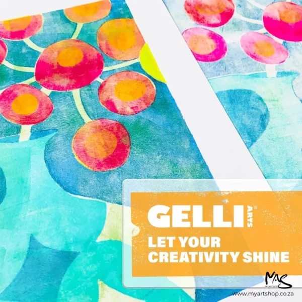 A promotional image for Gelli Arts Printing Plates. A printed image is shown in the background, with a n orange block of colour in the bottom right hand corner of the frame withe the Gelli Arts logo and text underneath that says Let your creativity shine