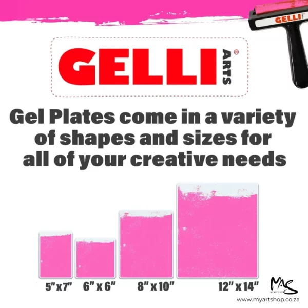 A promotional image for Gelli Arts Printing Plates with the logo at the top of the frame and then text explaining the different sizes available in the range. There are 4 pink rectangles at the bottom of the frame with the printing plate sizes below them. The image is center of the frame and on a white backhround