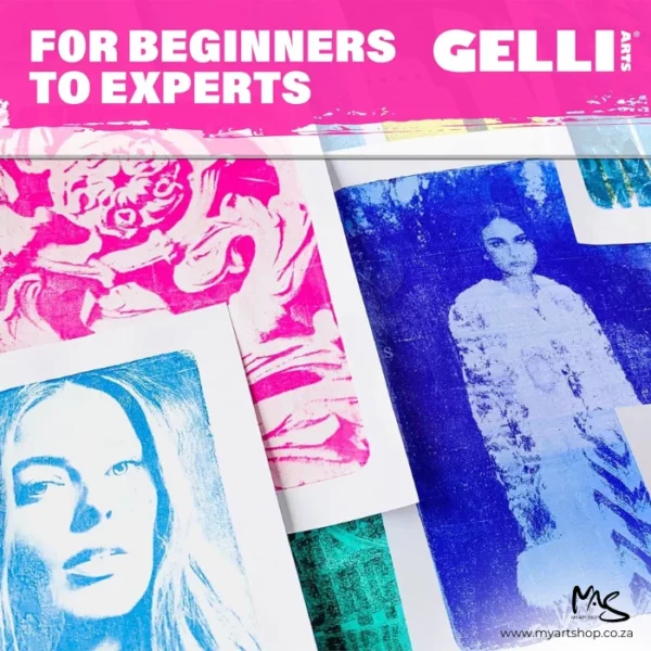 A promotional image for Gelli Art Printing Plates. There is a pink rectangle across the top of the frame horizontally with white text that reads 'Gelli Art for beginners to experts'. There are about 4 sheets of paper randomly overlaying each other below that with different images and colours that have been created using the Gelli Arts Printing Plates. Two images of women in blue in k or paint and a pink one of a floral scene and part of a green one that can be seen below the other prints.