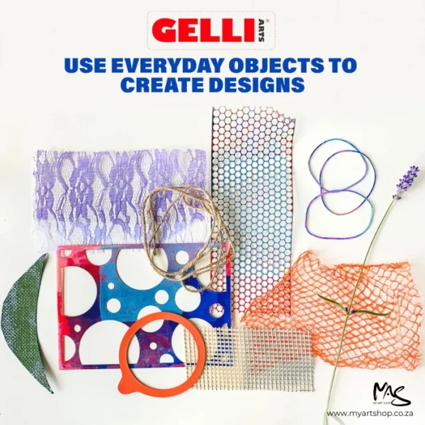 A promotional image with wording at the top of the frame that says 'Gelli Art Use everyday objects to create designs'. Underneath the text are images of everyday items that are scattered randomly. The image is on a white background.