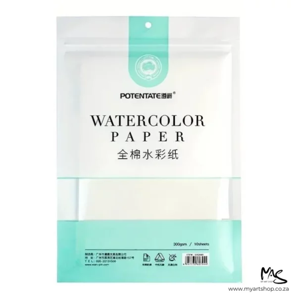 There is a single pack of Large Hot Press Potentate Watercolour Paper in the center of the frame. The view is 'front on', of the front of the packaging. The paper is inside the plastic packet. The packet is printed with a band of blue along the base of the packet and the rest of the packet is white. There is text on the packet describing the contents of the bag. The image is center of the frame and on a white background.