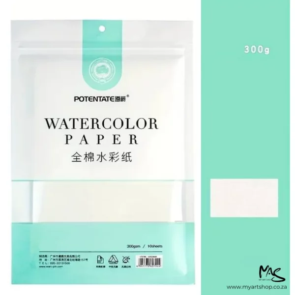 There is a pack of Hot Press Potentate Watercolour Paper shown from a 'front on' view, along the left hand side of the frame. The paper is inside the plastic packet. The packet is printed with a band of blue along the base of the packet and the rest of the packet is white. There is text on the packet describing the contents of the bag. There is a green vertical strip down the right hand side of the frame with a white block towards the bottom that shows the texture of the paper. On a white background.