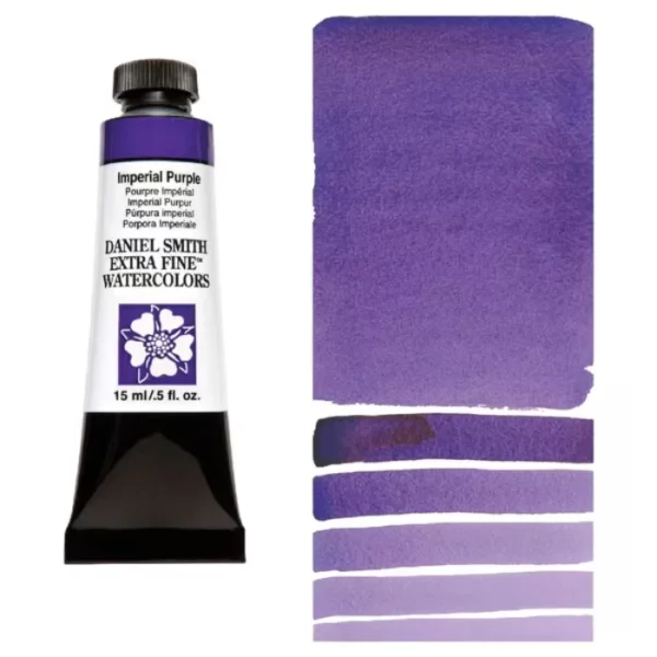 A single tube of Imperial Purple S2 Daniel Smith Watercolour 15ml is shown vertically along the left hand side of the frame. There is a colour swatch to the right of the tube, showing the paint darker at the top and lighter towards the bottom of the frame. The image is center of the frame and on a white background.