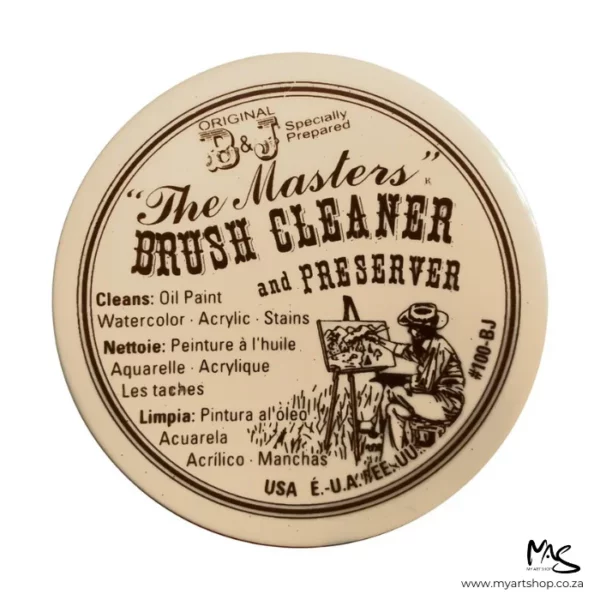 A birds eye view of the lid of the tub of Masters Brush Cleaner and Preserver. The lid is round and beige in colour with dark brown text, describing the contents of the tub. On a white background.