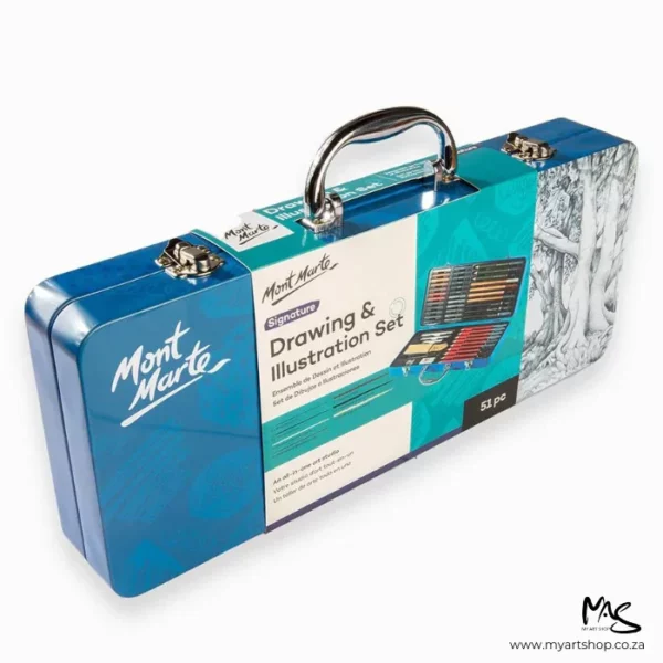 A single Mont Marte Signature Drawing and Illustration Set can be seen diagonally across the center of the frame. It is standing up and is an elongated, rectangular tin with a carry handle. The tin is blue and has a black and white sketch on the right hand side. The tin is covered by a cardboard wrapper around the center of the tin and the wrapper is printed with text and an image of the inside of the tin and the contents that are inside the tin. The image is center of the frame and on a white background.