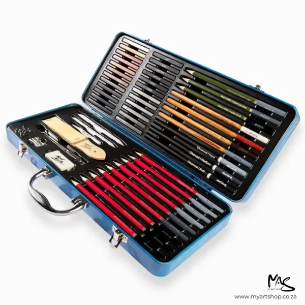 A single Mont Marte Signature Drawing and Illustration Set is shown open, in the center of the frame. The tin is hinged and open. The tin has a handle and there are 51 assorted drawing pieces inside the tin. From sketching pencils, to charcoal pencils, a sanding block, kneadable erasers and more. The image is center of the frame and on a white background.