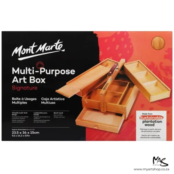 A view of the front of the box of a Mont Marte Signature Multi Purpose Art Box. The box sits horizontally across the center of the frame. The box is black on the left hand side and orange on the right hand side. There is white text over the black section, and an image of an open box on the orange side of the box. The image is center of the frame and on a white background.