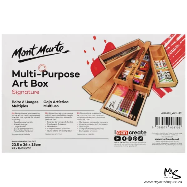 The image shows the back of the box of the Mont Marte Signature Multi Purpose Art Box. The box is sitting horizontally across the center of the frame. The box is white and has black text describing the product and there is a large image of the storage box on the right hand side of the box, filled with paints and paintbrushes etc. On a white background.