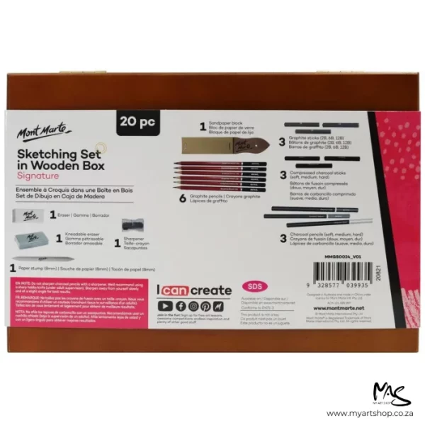 A single Mont Marte Signature Sketching Set in Wooden Box is shown in the center of he frame. The box is closed and there is a cardboard wrapper around the box that is printed in black and pink. It has text on it describing the contents of the pack and an image of the open set. It is center of the frame and on a white background. This is showing the back of the box and the back of the wrapper.