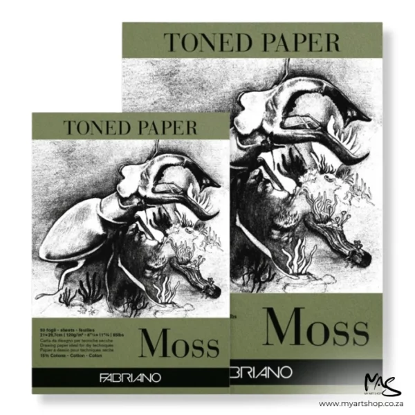 There are two different sized Moss Fabriano Toned Paper Pads in the frame. The back pad is bigger than the top pad. They have a coloured tab along the top and bottom of the cover of each pad that indicates the colour of the papers inside. There is a large image of a bug on the cover of each pad drawn in black. The image is center of the frame and on a white background.