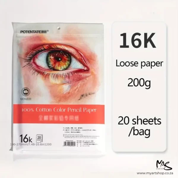 A single Potentate Pencil Paper Pack is shown in the center of the frame, with a white vertical rectangle next the pack, along the right hand side of the frame, with text in the white rectangle, describing the contents and values of the paper. There is a picture of an eye printed on the pack. The paper is inside the plastic packet. On a white background.