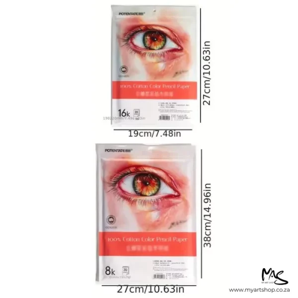 There are 2 Potentate Pencil Paper Packs shown in the frame. The top one is smaller than the bottom one. It is a front view of both packets. The packs are printed with a picture of an eye and there is text describing the contents of each pack. Next to each pack are some lines and the size dimensions are written to show the size of the packs. The image is center of the frame and on a white background.