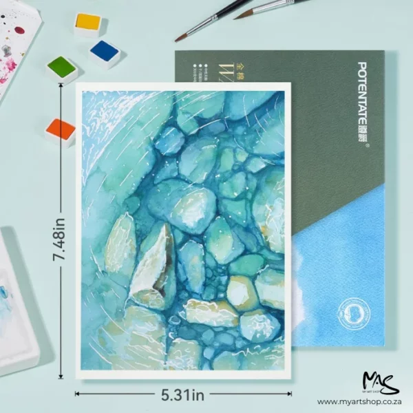 A promotional image for Potentate Watercolour Blocks. There is a block behind a piece of paper that has a painting of rocks under water. There are various watercolour pans around the painting and text indicating the size of the watercolour blocks.
